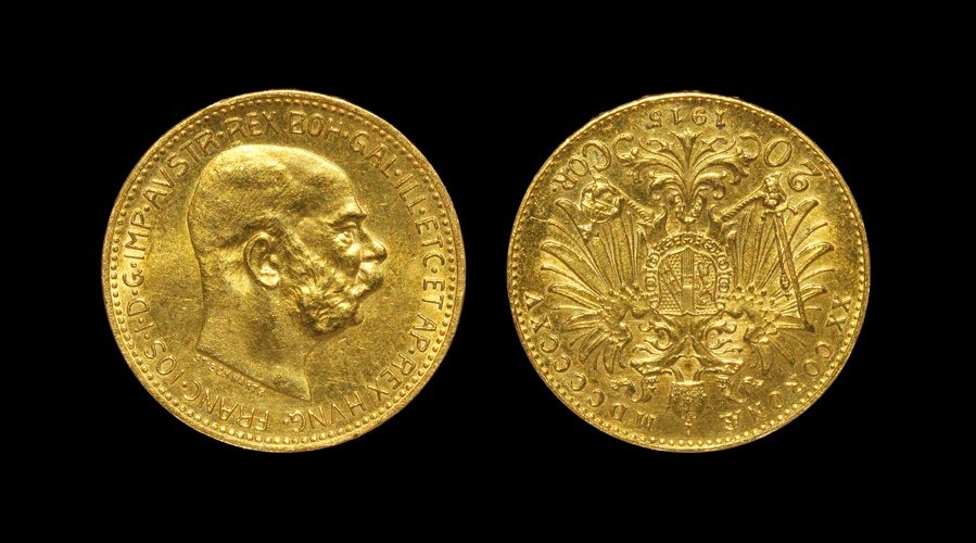 World Coins - Austria - Franz Joseph I - 1915 - Gold: Dated 1915 AD (struck later). Obv: profile bust with FRANC IOS I D G IMP AVSTR REX BOH GAL ILL ETC ET AP REX HVNG legend. Rev: doubel-headed eagle with arms and date below with XX CORONAE MDCCCCXV 20 
