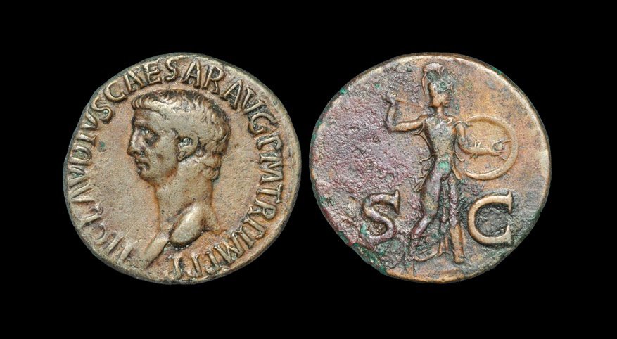 Ancient Roman Imperial Coins - Claudius - Minerva As: 41-42 AD. Obv: TI CLAVDIVS CAESAR AVG P M TR IMP legend with bare head left. Rev: S-C across fields, Minerva standing right, brandishing spear and holding shield on left arm. RIC 100; Cohen 84; BMCRE 