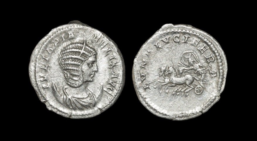 Ancient Roman Imperial Coins - Julia Domna - Luna: 215 AD, struck under Caracalla. Obv: IVLIA PIA FELIX AVG legend with draped bust right. Rev: LVNA LVCIFERA legend with Luna driving galloping biga left. RIC 379c (Caracalla); RSC 105; Sear 7101. 4.49 