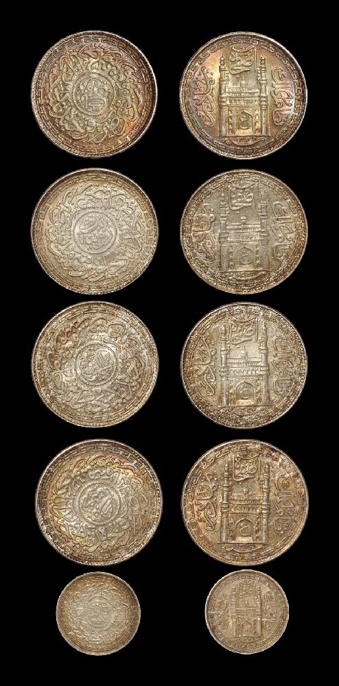 World Coins India - Hyderabad - Milled Rupees & Quarter: Group comprising: quarter rupee (4 annas), dated 1328 AH, Mir Mahbub Ali Khan II, milled coinage, type II signature, Farkhanda Bunyad Hyderabad mint. Obv: Chahar Minar gateway with Hyderabad Arabic in