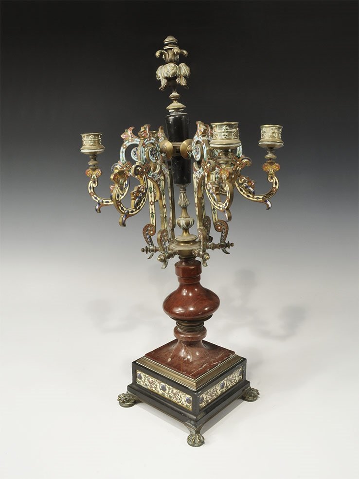 Antique Enamelled Bronze and Marble Candelabrum: 19th-early 20th century AD. A tall candelabrum with square-section base and claw feet, marble socket and bulbous stem, six radiating arms each attached at two points, with complex scrolled profile and