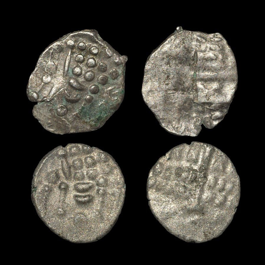 Celtic Iron Age Coins - Durotriges - Billon Staters [2]: 50 BC-50 AD. Obvs: degraded bust. Revs: disjointed horse. S. 367; BMC 2525-2731. 3.44, 3.42 grams. Ex Walter Steinberg collection, with envelopes; acquired Robert Johnson Coin Co, London. Walter Stein