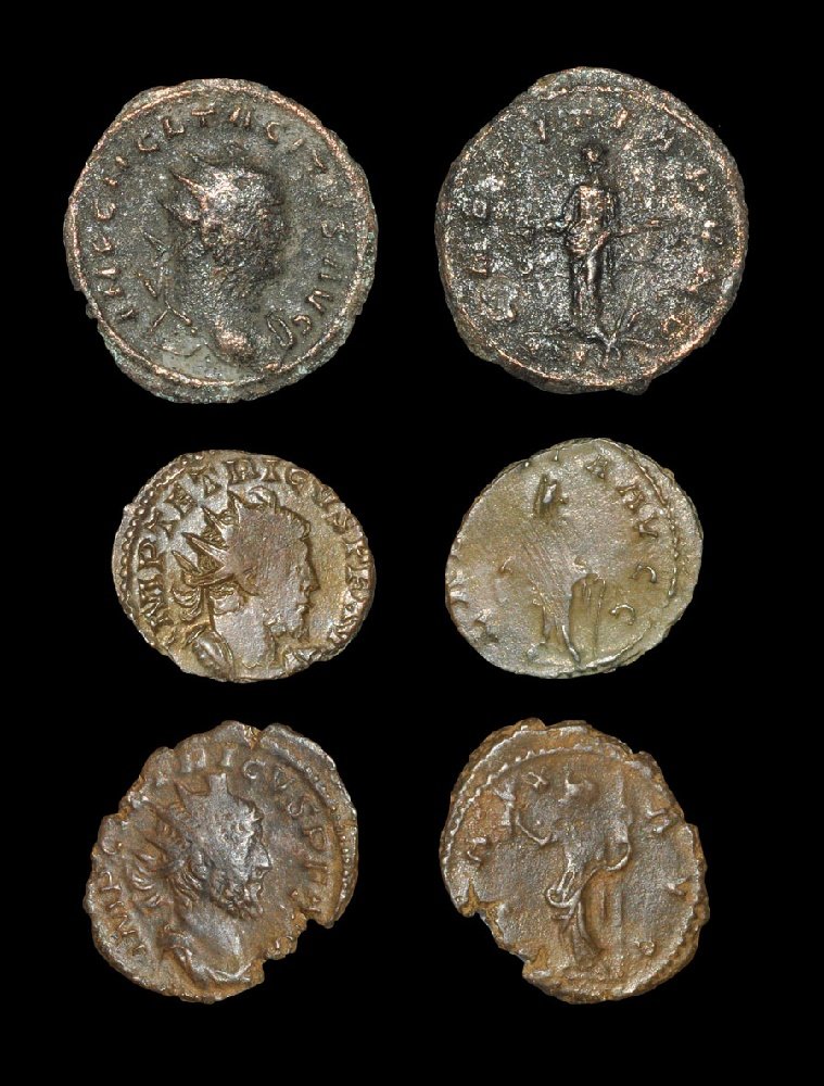 Ancient Roman Imperial Coins - Tetricus I and Tacitus -: Tetricus I, 271-274 AD. Revs: Laetitia standing (273-274 AD, Mainz or Trier?) and Pax standing (272-273 AD, Cologne). Tacitus, 275-276 AD. Rev: Laetitia standing (Ticinium or Siscia?). Sear 11239/Sear