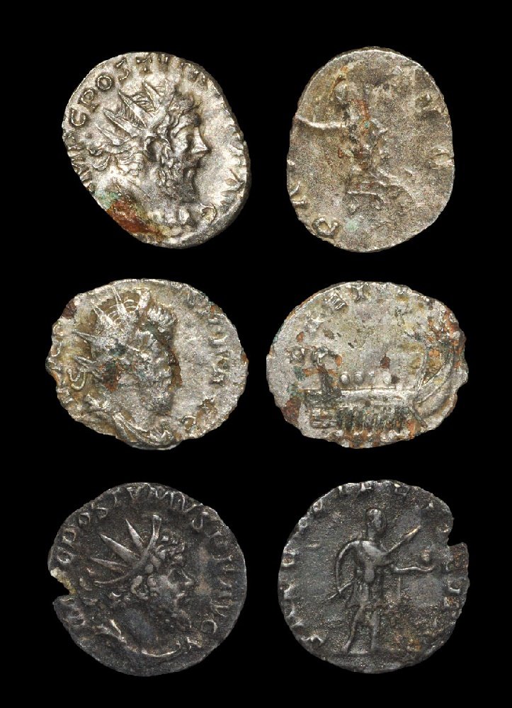 Ancient Roman Imperial Coins - Postumus - Antoninianii: 259-268 AD. Revs: Laetitia (260-265 AD, Cologne; galley), Pax standing (260-265 AD, Cologne) and emperor standing (265-268 AD, Cologne; SAECVLI FELICITAS). Sear 10958/Sear 10966/Sear 10983. 2.64, 1.72