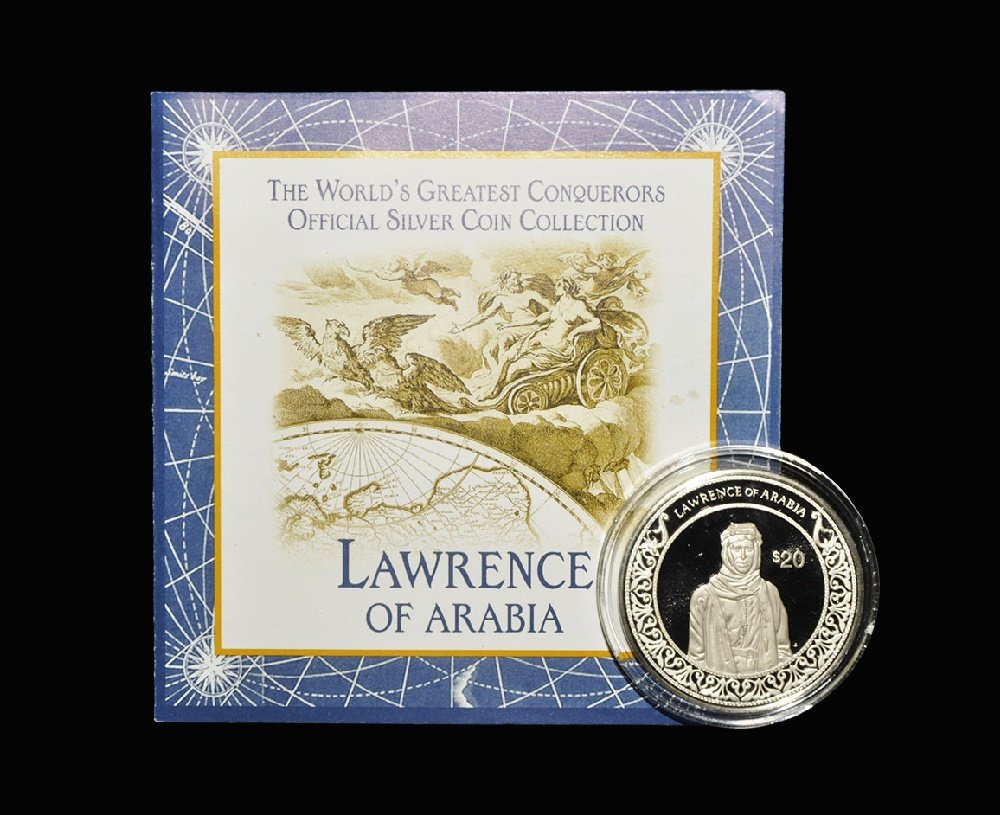 World Coins - Liberia - 1997 Lawrence of Arabia -: Dated 1997. Obv: arms and date with inscribed ribbons and REPUBLIC OF LIBERIA $20 DOLLARS legend. Rev: standing half figure with mark of value $20 and LAWRENCE OF ARABIA legend; in capsule of issue, w