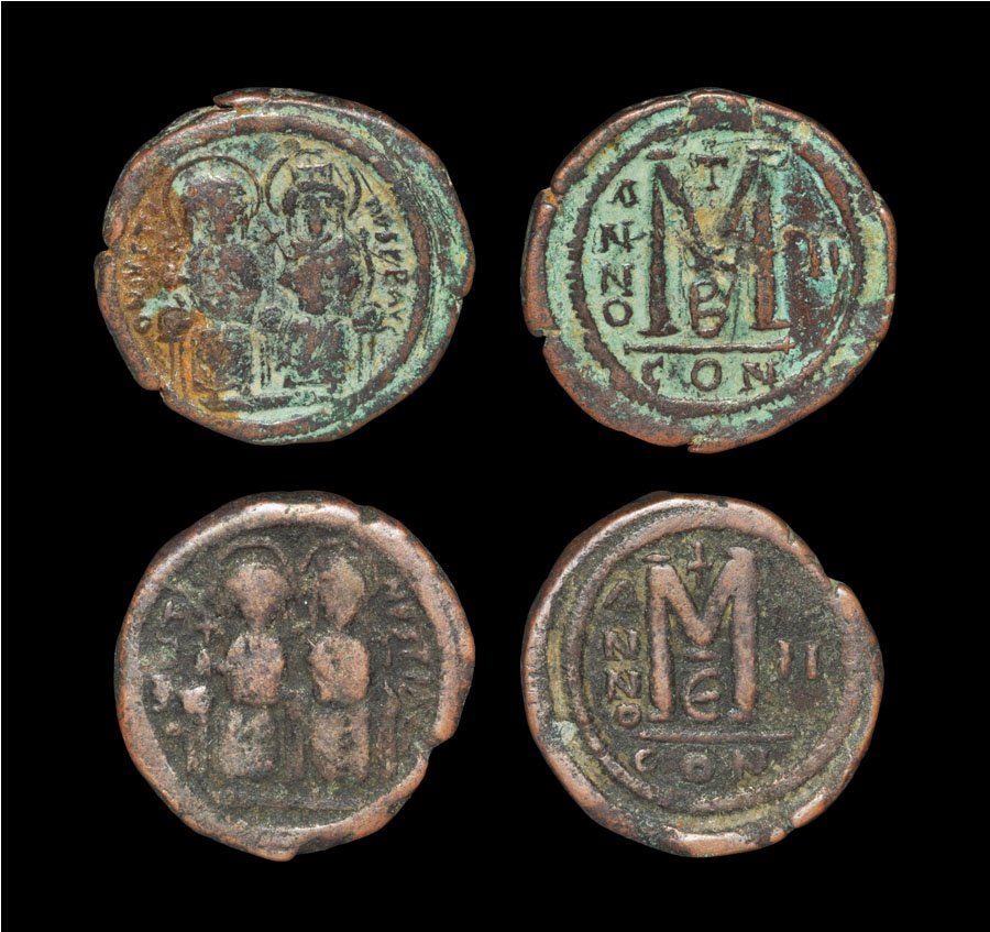 Ancient Byzantine Coins - Justin II and Sophia - Folles: 565-578 AD, Justin II and Sophia, Constantinople mint. Obvs: emperor and empress seated facing on a double throne. Revs: large M with ANNO and year to left and right (top: year 3; bottom, year 2), cro