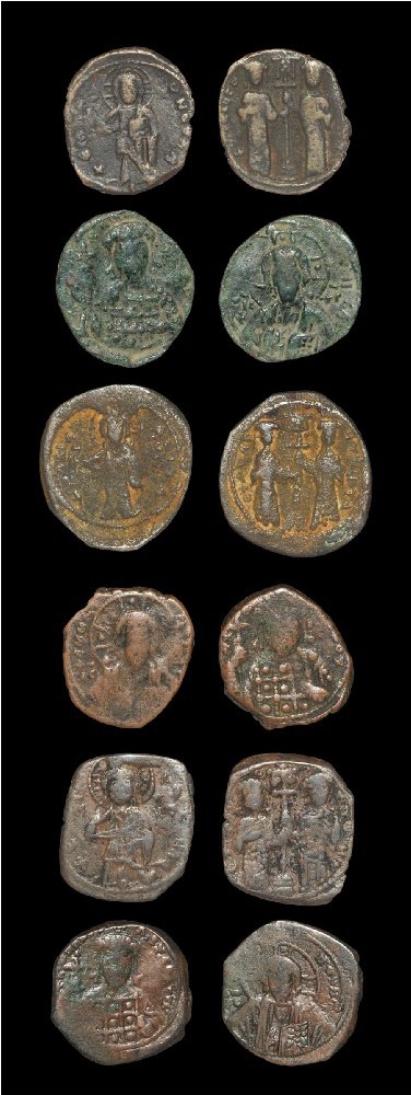 Ancient Byzantine Coins - Constantine X and Eudocia -: 1059-1067 AD, Constantinople mint. Obvs: EMMA NOVHL, IC-XC legend with Christ, standing on footstool, holding book of gospels with both hands, and reverse of Eudocia and Constantine holding a labarum 