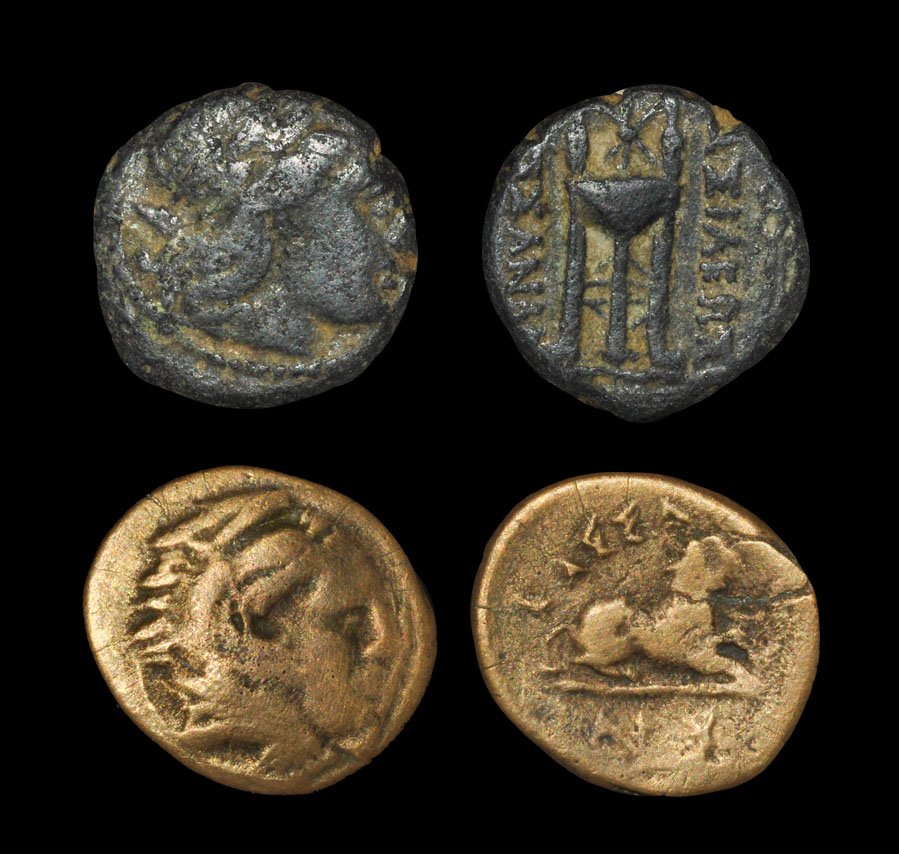Ancient Greek Coins - Macedonia - Cassander - Bronzes: . Circa 350-297 BC. Obv: laureate head of Apollo right. Rev: BASILEWS KASSANDROU legend to right and left of tripod altar, caduceus in right field, star above. Obv: head of Herakles right, wearing lio