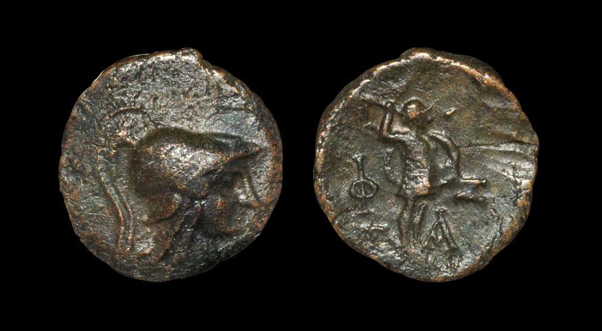 Ancient Greek Coins - Aeolis - Temnos - Athena: . 2nd-1st century BC. Obv: helmeted head of Athena right. Rev: F-Z T-A legend in two lines across fields, Ares or Athena Promachos standing right, wielding spear and holding shield on left arm. SNG vo