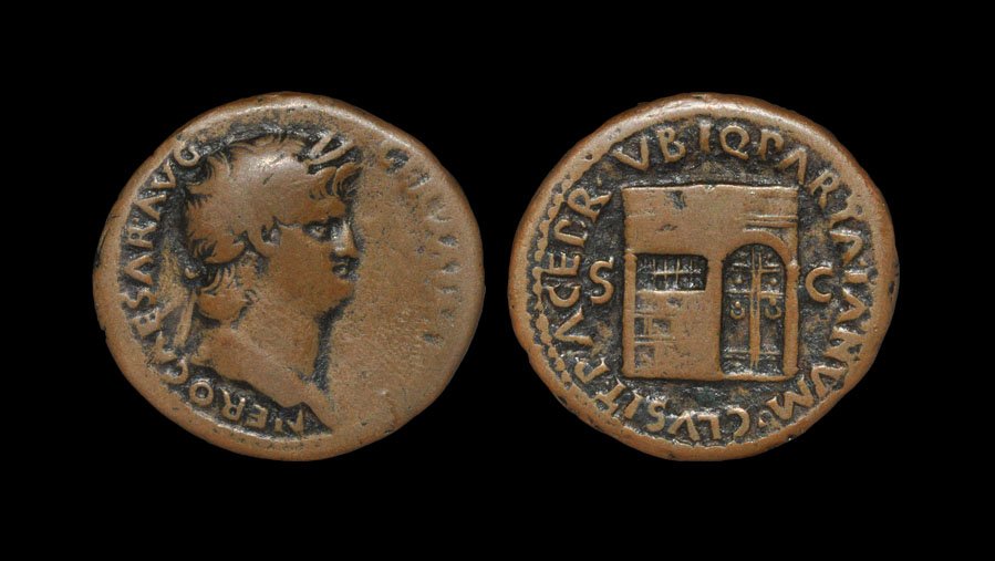 Ancient Roman Imperial Coins - Nero - Temple of Janus: . 65 AD, Rome mint. Obv: NERO CAESAR AVG GERM IMP legend with laureate head right. Rev: PACE PR VBIQ PARTA IANVM CLVSIT legend with temple of Janus with tall door on the right, S-C across fields. RIC 