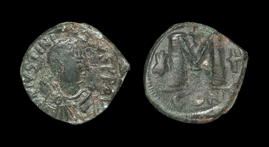 Ancient Byzantine Coins - Justinian I - Follis: . 527-565 AD, Constantinople mint. Obv: D N IVSTINI-ANVS PP AVG legend with pearl-diademed, draped and cuirassed bust right. Rev. large M, star to left, cross to right, cross above, B below and mintma