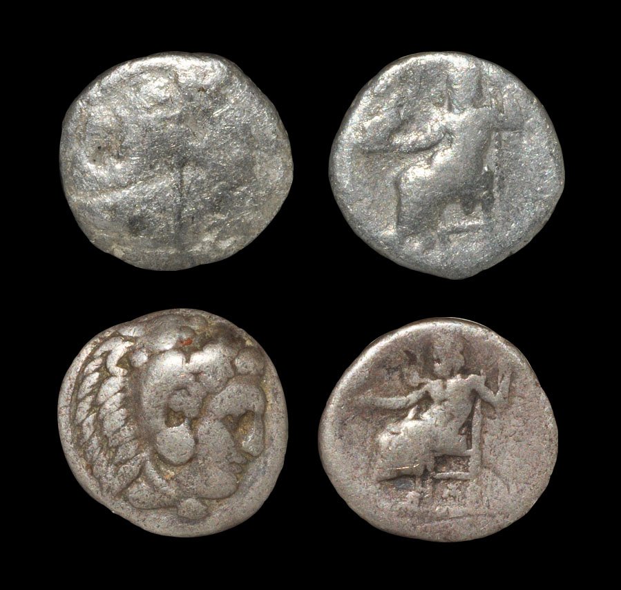 Ancient Greek Coins - Macedonia - Alexander III - Zeus: . 356-323 BC, group comprising: two drachms, each with reverses of Zeus seated left, holding eagle and sceptre; the second example with A beneath the chair for Lampsakos. 4.07, 3.74 grams.Ex Walter St