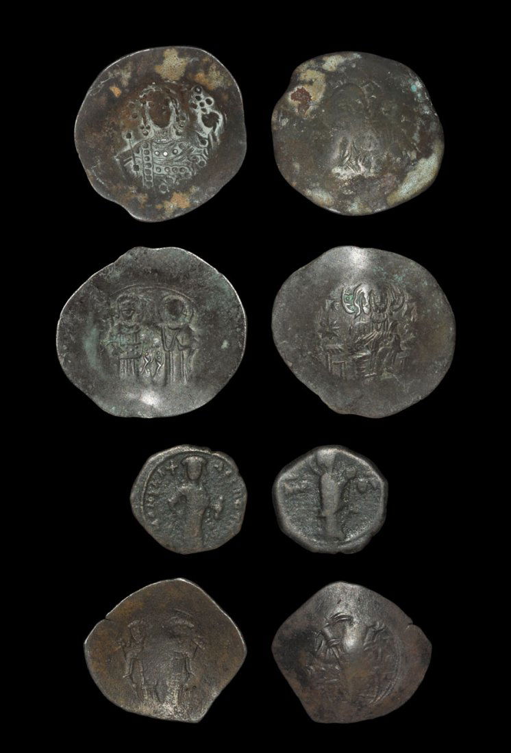 Ancient Byzantine Coins - Manuel I & Alexius IV -: . 1143-1204 AD, group comprising three billon trachys of Manuel I with various types and a tetarteron of Alexius IV struck by his father Isaac II Angelus. Sear 2020. 14.03 grams total.Ex Walter Steinb