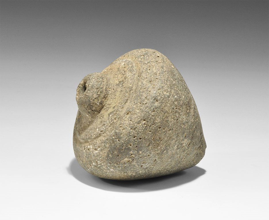 Byzantine Ceramic 'Greek Fire' Hand Grenade: 9th-11th century AD. A hollow ceramic vessel with broad shoulder and conical base intended to be filled with explosive liquid and a wick, and used as a hand grenade; domed rim enclosing the narrow mou