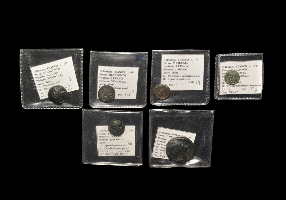 Ancient Greek Coins - Lucania - Mixed Bronzes Group [6]: 4th-3rd century BC, group comprising: Lucania bronzes (6); various types represented; all identified. 36.31 grams total. Ex Walter Steinberg collection; with tickets; ex 'Collezione Franco'. TimeLine 