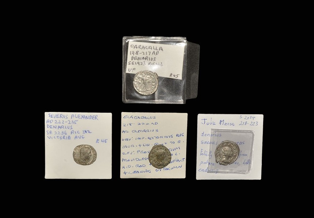 Ancient Roman Imperial Coins - Caracalla, Elagabalus,: 2nd-3rd century AD, group comprising: Caracalla (Fortuna), Elagabalus (Providenta), Julia Maesa (Felicitia with patera), Severus Alexander (Victory with wreath). 17.84 grams total. Ex Walter Steinberg