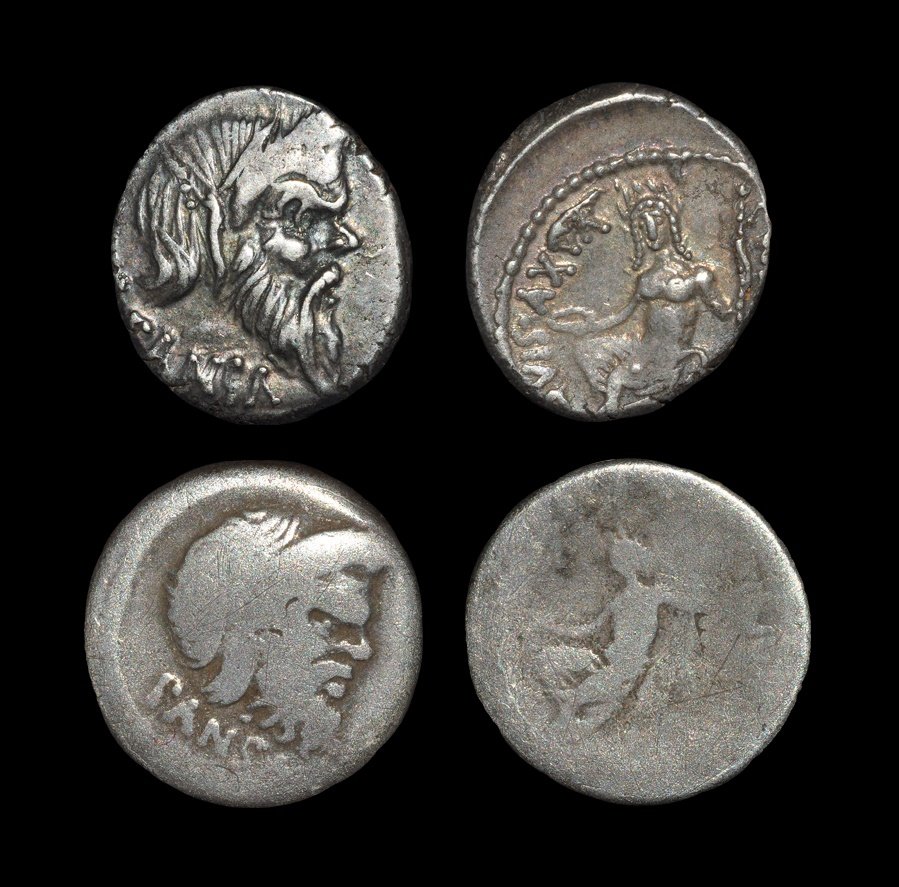 Ancient Roman Republican Coins - C Vibius Cf Cn Pansa: 48 BC. Obv: mask of Pan right, PANSA below. Rev: IOVIS AXVR legend before, C VIBIVS C F C N behind with Jupiter Axurus seated left. 3.93, 3.30 grams. Ex Walter Steinberg collection; with envelopes; ac