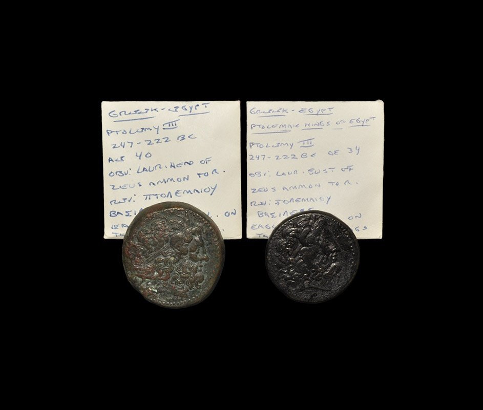 Ancient Greek Imperial Coins - Egypt - Ptolemy III -: 247-222 BC, group comprising: large eagle bronzes of Ptolemy III (2). 81.74 grams total. Ex Walter Steinberg collection; with envelopes. TimeLine Auctions Ltd arranges printed catalogue rostrum Auctio