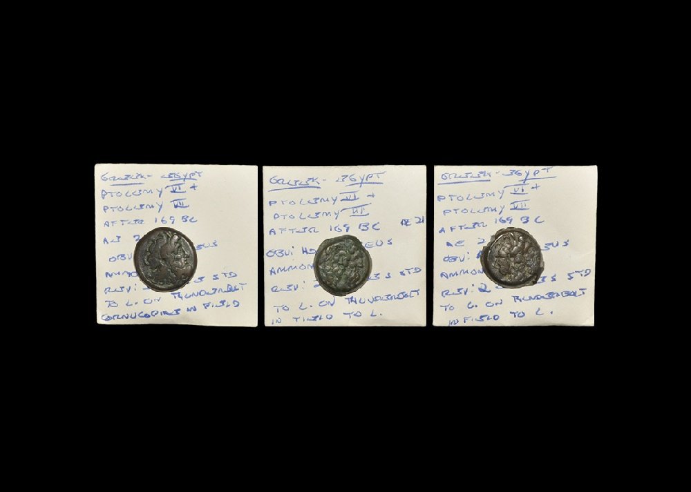 Ancient Greek Imperial Coins - Egypt - Ptolemy VI and: After 169 BC. Group comprising: double eagle bronzes of Ptolemy VI and Ptolemy VII (3); various mints represented. 27.17 grams total. Ex Walter Steinberg collection; with envelopes. TimeLine Auctions 