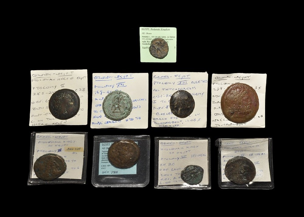Ancient Greek Imperial Coins - Egypt - Mixed Ptolemaic: 4th-2nd century BC, group comprising: bronzes of Ptolemy I (1), Ptolemy II (3), Ptolemy VI (3), Ptolemy VIII (1), Ptolemy XIII Auletes (1); various types and mints represented. 167.83 grams total. Ex 