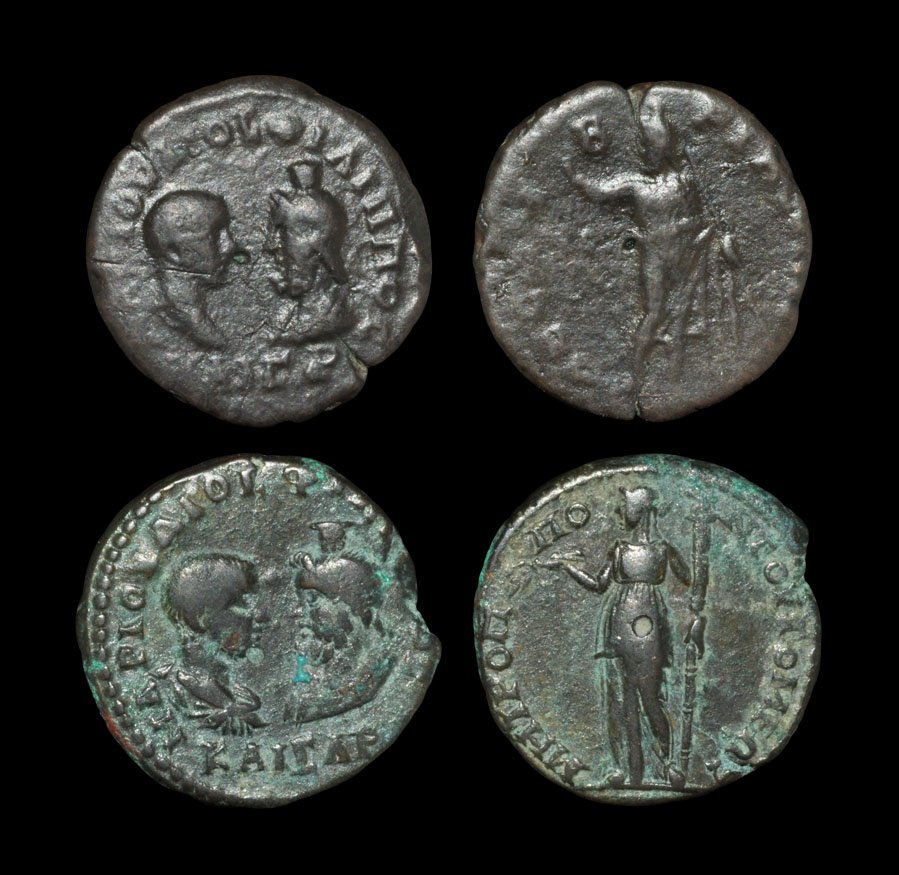 Ancient Greek Imperial Coins - Philip II and Serapis -: 247-249 AD, Mesembria and Tomis: Revs: Serapis standing right, looking left, raising right hand, and holding sceptre in left hand; Demeter standing left, holding corn-ears in raised right hand and lon