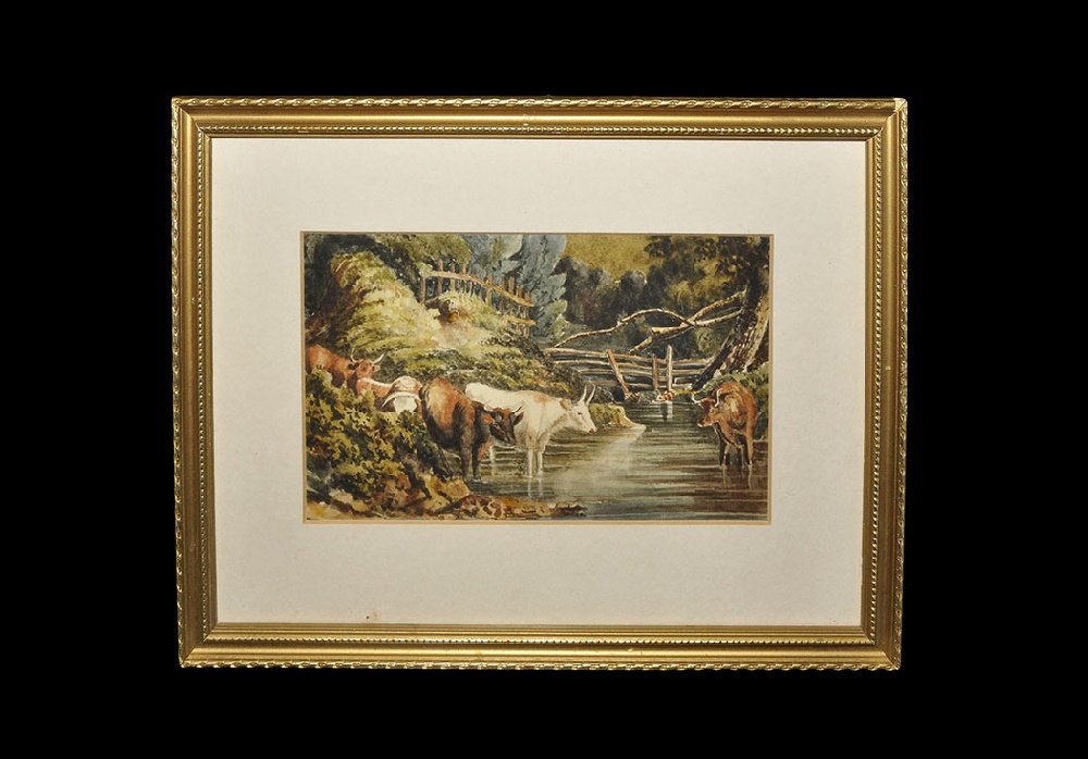 Works of Art George Fennel Robson 'Cattle in Stream': 1788-1833. A framed and glazed original watercolour by the artist George Fennel Robson depicting cattle in a stream by a bridge; marked to the reverse 'George Fennel Robinson'. 510 grams, 28.5 x 22cm