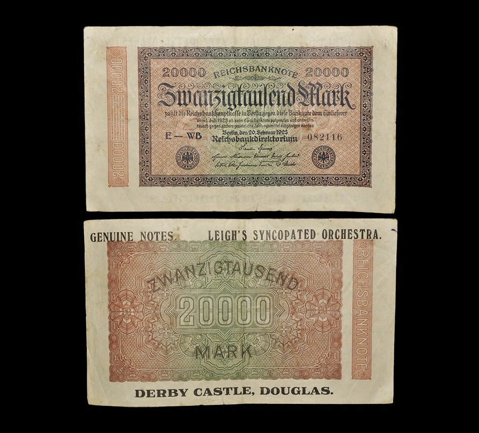 British Banknotes - Isle of Man - 'Leigh's Syncopated: Note dated 20 February 1923, lattice watermark, overprinted later in Isle of Man, serial number 082116. Obv: text and border; black on pink/green. Rev: geometric design; black on pink/green, overprint