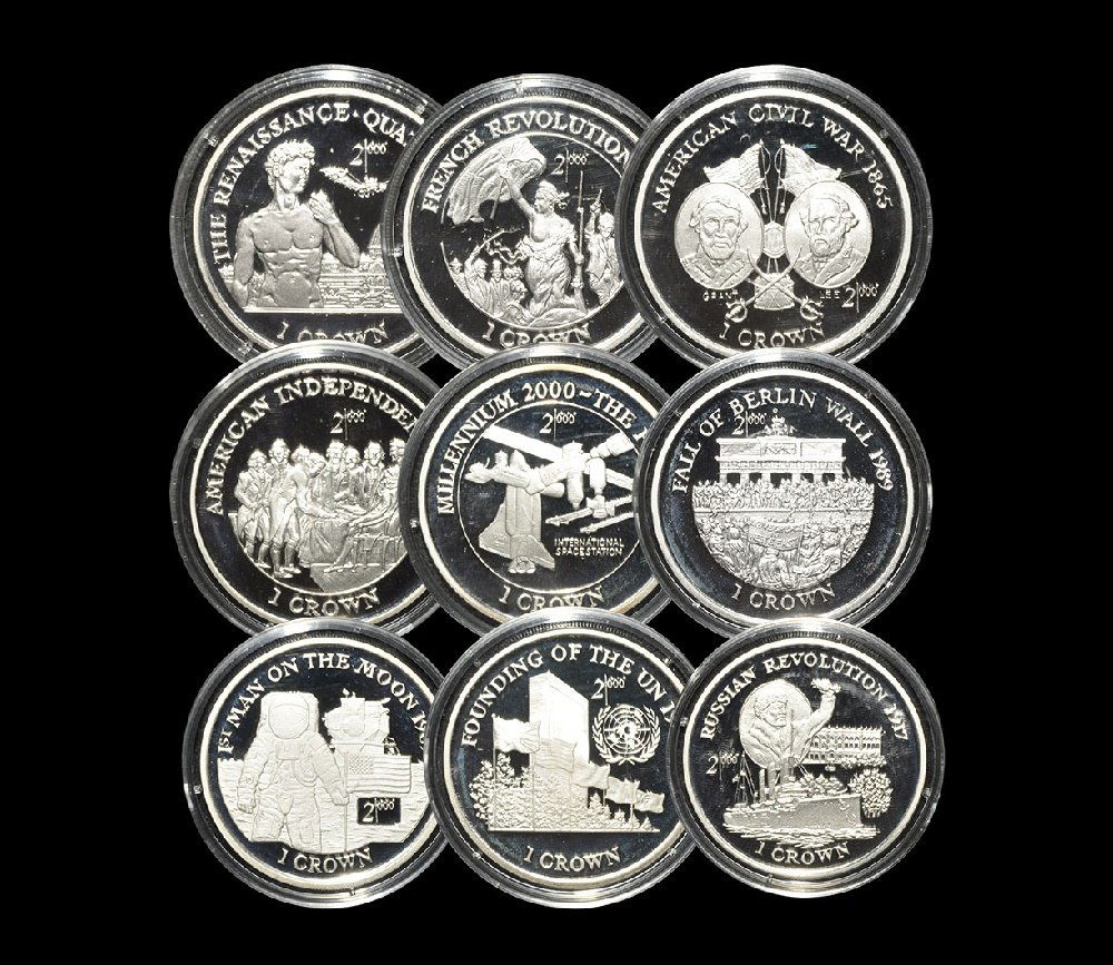 World Coins - Isle of Man - 1998-2000 - Silver Proof: Dated 1998-2000, group comprising: 1998 Renaissance Quattrocento, 1998 French Revolution, 1998 American Independence, 1999 Russian Revolution, 1999 American Civil War, 2000 Millennium, 2000 Fall of Be