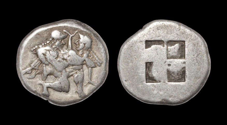 Ancient Greek Coins - Thrace - Thasos - Satyr and Nymph: 500 BC. Obv: nude, ithyphallic satyr with beard, hair falling down neck in two long plaits, kneeling right, carrying gesticulating nymph, hair falling down her neck in two long plaits. Rev: no legend,
