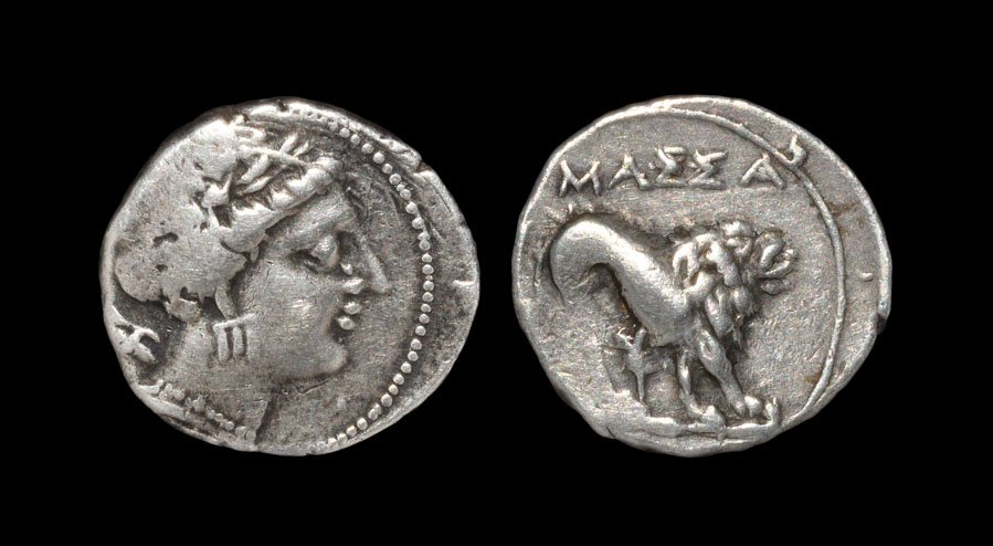 Celtic Iron Age Coins - Gaul - Massalia - Lion Drachm: 375-200 BC. Obv: head of Artemis right with symbol behind. Rev: lion standing right with symbol below, MASSA above. 2.69 grams. Sear 73; see DLT 859 (for similar; see also 785-1436 for general type").