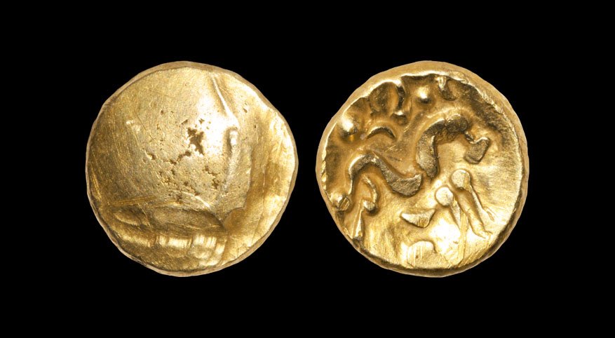 Celtic Iron Age Coins - Ambiani - Gallic War -: 50-30 BC, Sills 1b. Obv: blank. Rev: horse with curved symbol and pellets above and large pellet below. 6.05 grams. S. 11; DLT 8704-8710; ABC 16.