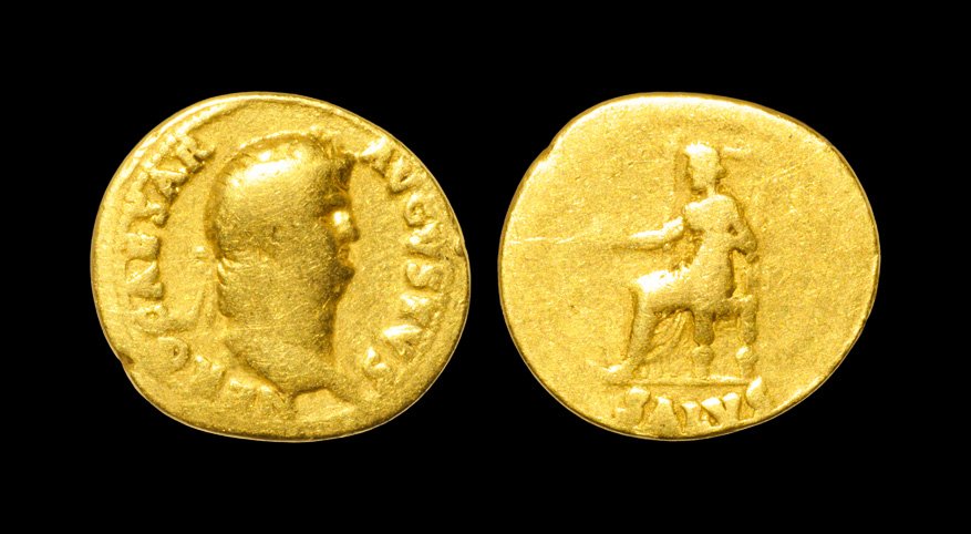 Ancient Roman Imperial Coins - Nero - Salus Gold Aureus: 66 AD, Rome mint. Obv: NERO CAESAR AVGVSTVS legend with laureate head right. Rev: SALVS beneath Salus enthroned left, holding patera. 6.82 grams. RIC 59; Cohen 313; BMC 87; Sear 1932.
