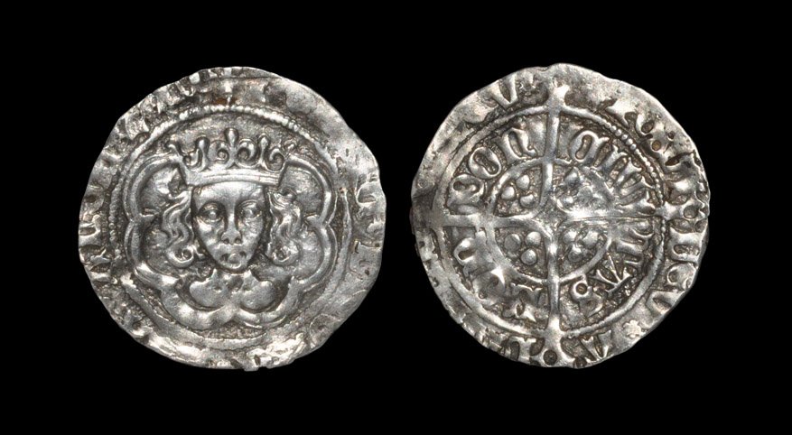 English Tudor Coins - Henry VII - London - Facing Bust: 1485-1509 AD, class IIIc. Obv: facing bust with open crown within tressure (tressure arcs omitted above crown so only six arcs) with +HENRIC DI GRA REX ANGL Z FR legend with rosette stops and 'lis' mi