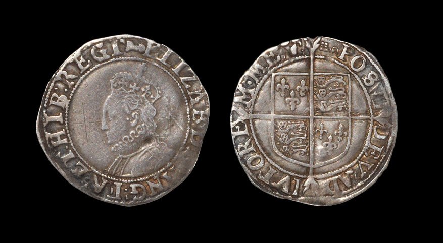 English Tudor Coins - Elizabeth I - Shilling: 1595-1598 AD, sixth issue. Obv: profile bust with ELIZAB D G ANG FRA ET HIB REGI legend and 'key' mintmark. Rev: long cross over arms with POSVI DEV ADIVTOREM MEV legend. 5.81 grams. S. 2577; N. 2014.