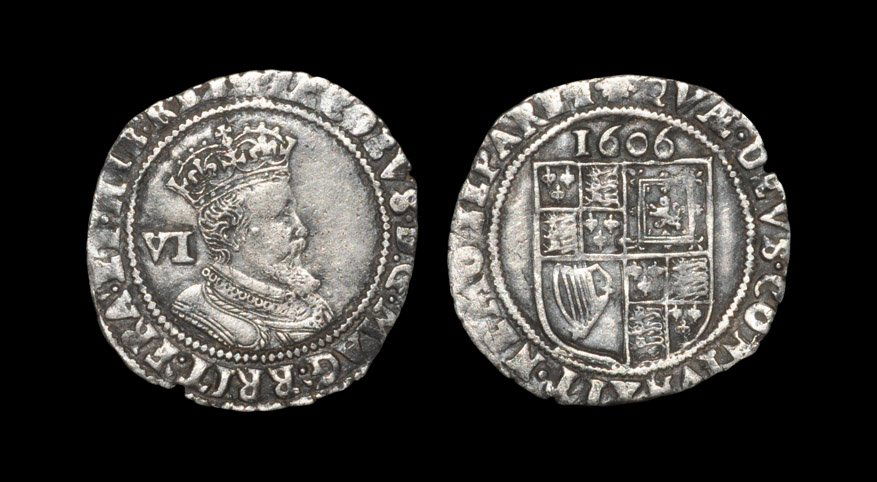English Stuart Coins - James I - 1606 - Sixpence: Dated 1606 AD, second coinage, fourth bust. Obv: profile bust with VI mark of value behind and IACOBVS D G MAG BRI FRA ET HIB REX legend with 'escallop' mintmark. Rev: arms with date over and QVÆ DEV