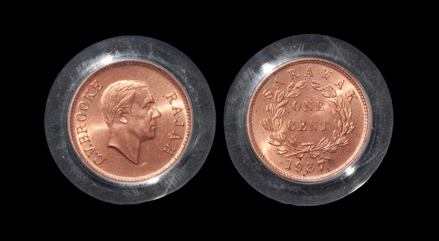World Coins - Sarawak - Charles V. Brooke - 1937H - 1: Dated 1937, Heaton mint. Obv: profile bust with C V BROOKE RAJAH legend. Rev; value ONE CENT within wreath with SARAWAK legend and date with small 'H' mintmark above. (36.04 grams with capsule"). KM# 