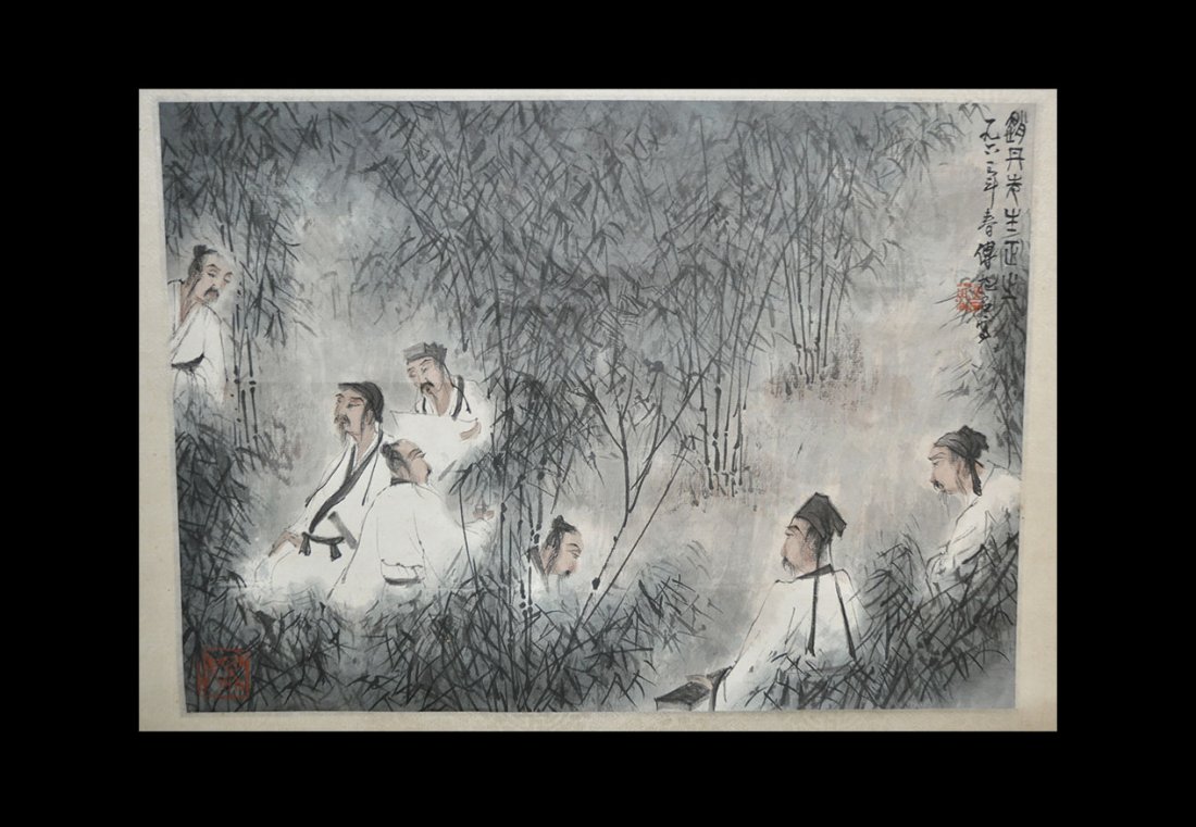 Chinese Style Landscape and Figures Coloured Print: . An undated archaistic print on a textured silk backing depicting seven male figures against a bamboo background; calligraphic text to top right and two red chop seals; signed BaoShi Fu; suspension b