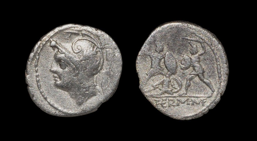 Ancient Roman Republic Coins - Q. Minocius Thermus -: . 103 BC, Rome mint. Obv: bust of Mars left. Rev: Roman soldier fighting barbarian with fallen soldier at feet with Q THERM M F legend (THE and MF in monogram) in exergue. 3.64 grams Ex Walter Steinbe