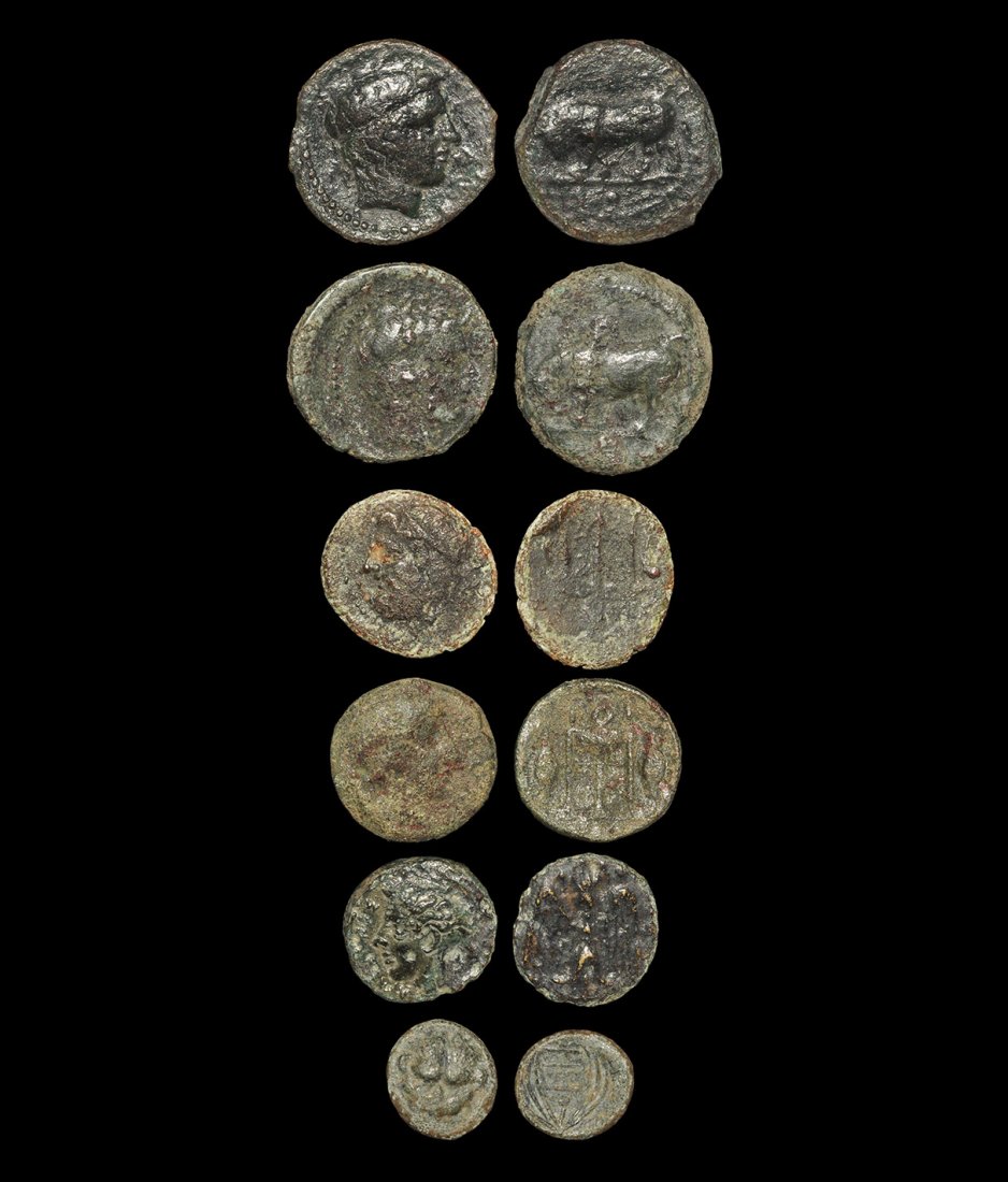 Ancient Greek Coins - Sicily - Mixed Bronzes Group [6]: . A group of six units including: Alontion: head right / bull butting left; Messana: head of Poseidon / trident; Leontinoi: head of Apollo / tripod altar; uncertain city, youthful male head left / aag