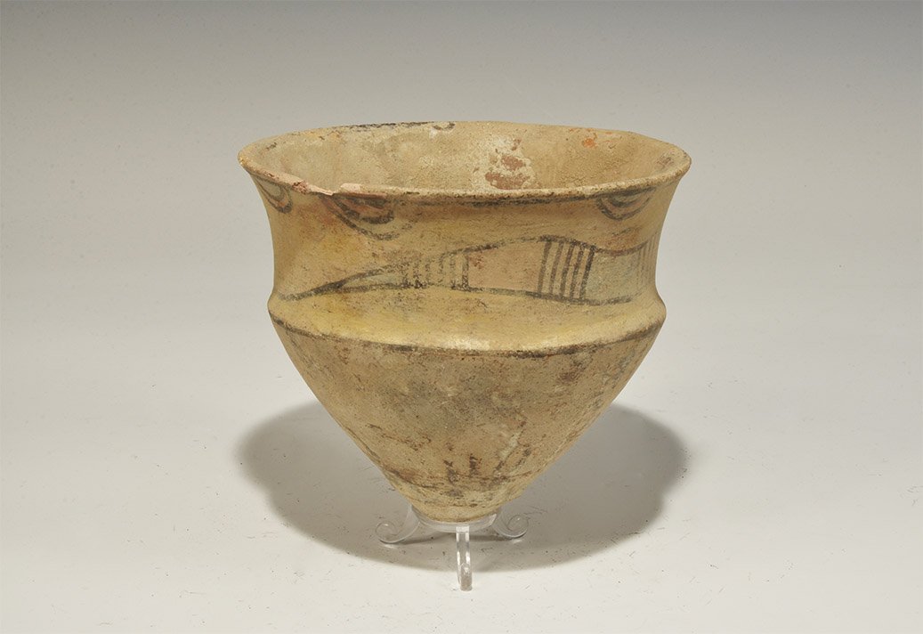 Indus Valley Mehrgarh Polychrome Ceramic Cup with Snake: 3300-1700 BC. A bell-shaped cup with carination, painted polychrome serpent and arcs to the shoulder. 525 grams, 15cm (6"). Private collection, Cambridgeshire, UK; acquired prior to 2000. Cf. Satyawad