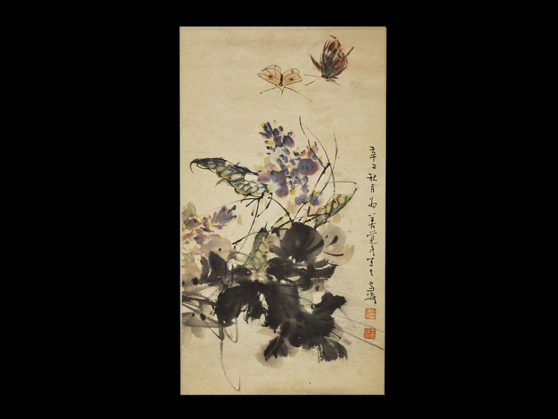 Chinese Floral Scroll Painting: 20th century AD. A rectangular paper panel on a fabric backing with wooden roller; flowers with butterflies attributed to Wang Zue Tao, calligraphic text and two red chop seals. 355 grams, overall: 43