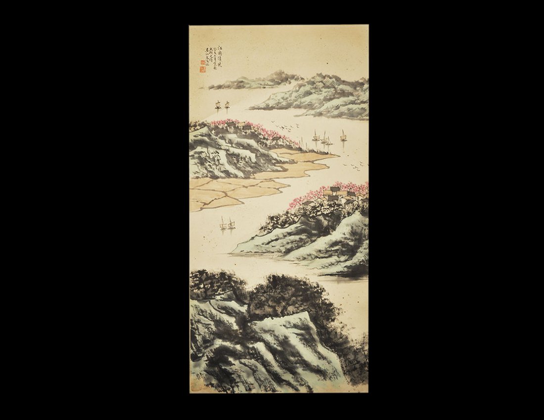 Chinese Scroll Painting of a Landscape: 20th century AD. A rectangular paper panel on a fabric backing with wooden roller; landscape with mountains and river attributed to Song Wen Zhi and two red chop seals. 575 grams, overall:202 x 63cm, 