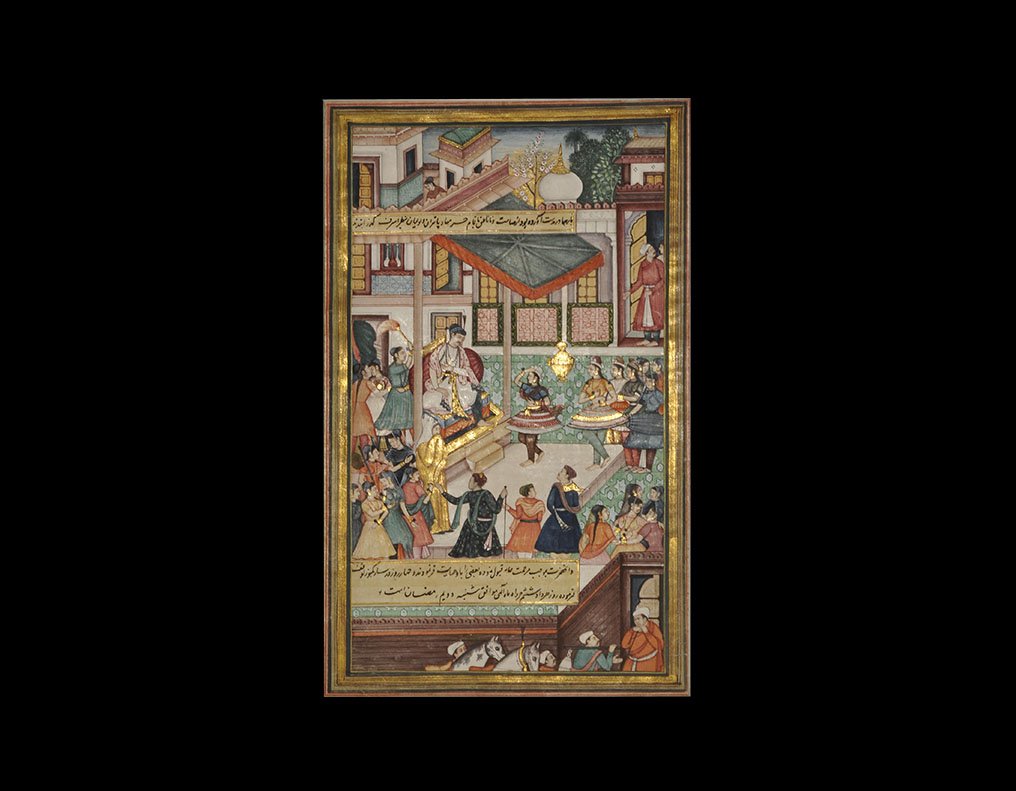 Islamic Watercolour Painting: 19th century AD or later. A hand-painted scene of dancing girls performing before a seated dignitary in a courtyard; blocks of calligraphic text, gold painted details; mounted in a card reveal with ti