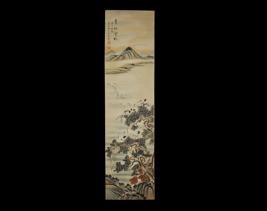 Chinese Wu Qingxia Scroll Painting with Landscape: 20th century AD. A rectangular paper panel on a fabric backing with wooden roller; landscape with lake and distant mountain, trees with cranes; three columns of calligraphic text and two red chop seal