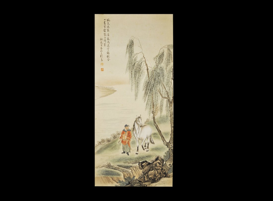 Chinese Ge Xiang Lan Scroll Painting with Landscape: 20th century AD. A rectangular paper panel on a fabric backing with wooden roller; landscape scene with a rider leading his horse beside a river, the path with a willow tree; three columns of calligra