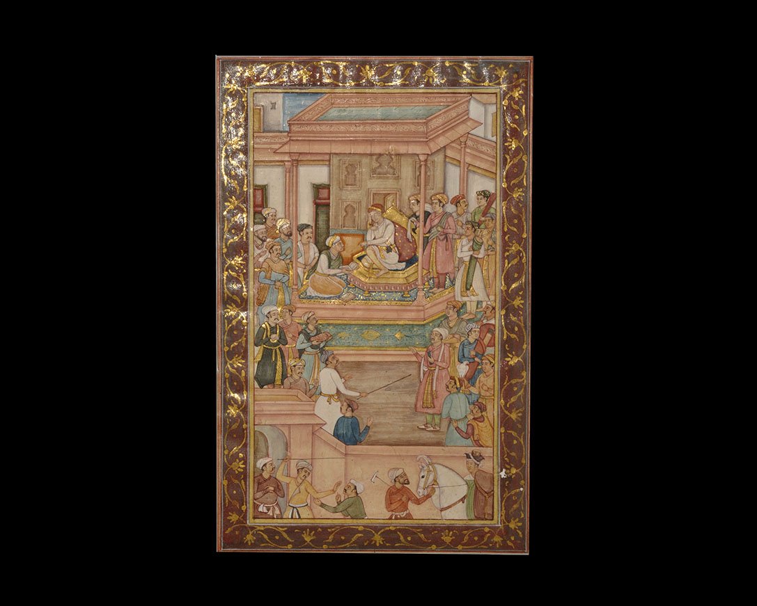 Islamic Watercolour Painting: 19th century AD or later. A hand-painted scene of petitioners and attendants in the court of a seated magnate with a group of disputants below the dais; gold painted details; mounted in a card reveal 
