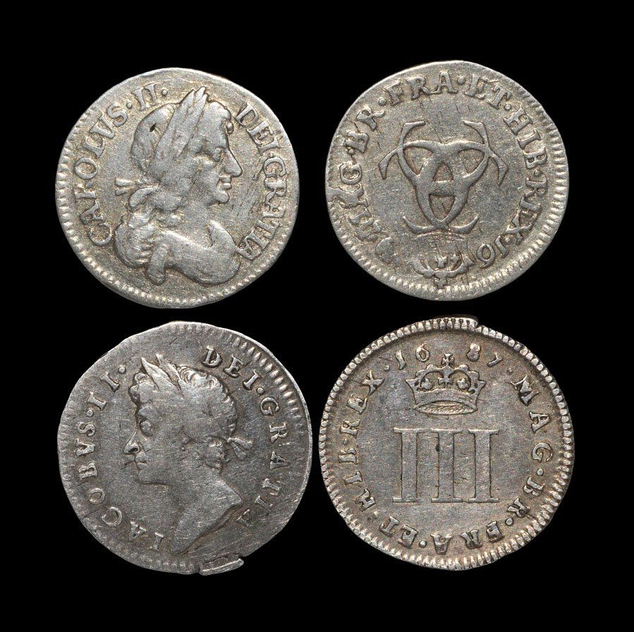 English Milled Coins - Charles II and James II - 1679,: Dated 1679 abnd 1687 AD. Obv: profile bust with CAROLVS II DEI GRATIA legend. Rev: crown over CCC monogram with MAG BR FRA ET HIB REX legend and date. Obv: profile bust with IACOBVS II DEI GRATIA lege