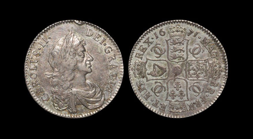 English Milled Coins - Charles II - 1671 - Halfcrown: Dated 1671 AD. Third bust. Obv: profile bust with CAROLVS II DEI GRATIA legend. Rev: cruciform arms with CC monogram in angles with MAG BR FRA ET HIB REX legend and date. Edge: with raised DECVS ET TV