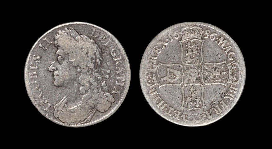 English Milled Coins - James II - 1686 - 'No Obverse: Dated 1686 AD. First bust. Obv: profile bust with IACOBVS II DEI GRATIA legend with no stops. Rev: cruciform arms with MAG BR FRA ET HIB REX legend with stops and date. Edge: with raised DECVS ET TVTA