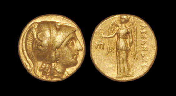 Ancient Greek Coins - Macedonia - Alexander III - Gold: 330-320 BC. Amphipolis mint. Obv: helmeted head of Athena right with coiled serpent on helmet. Rev: ALEXANDROU legend to right of Nike standing left, holding wreath and stylis, trident head in left fi